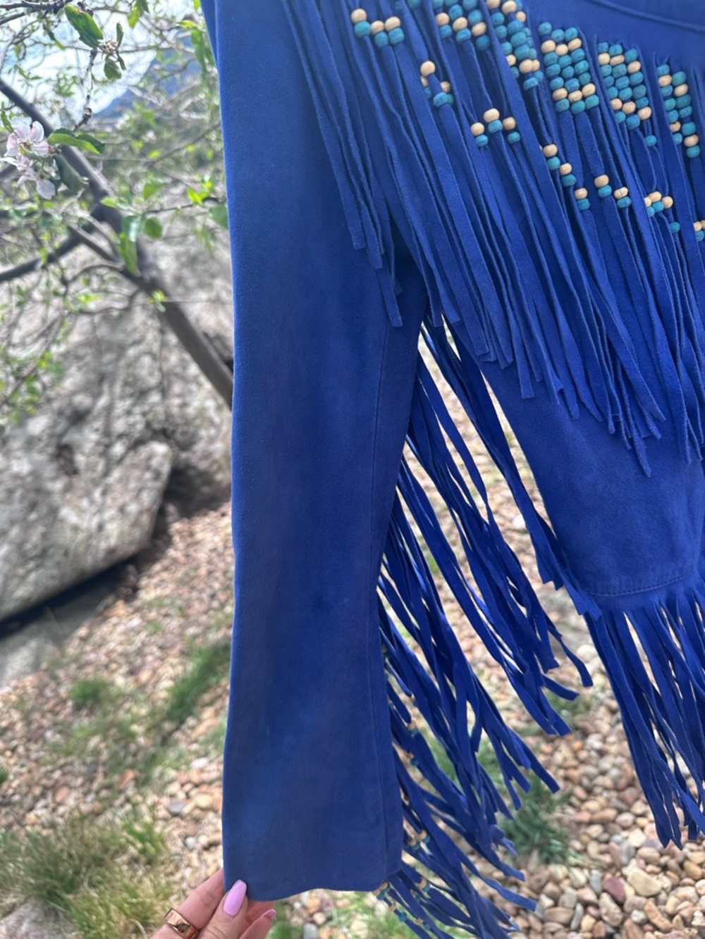 Spell Royal Blue Suede Fringe Jacket with Beaded Trim - Picture 4 of 7